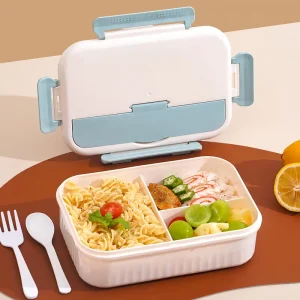 School Office Reusable Nordic Eco Friendly Microwaveable Bento Food Storage Container 1.8L 3 Compartment Plastic Lunch Box Spoon