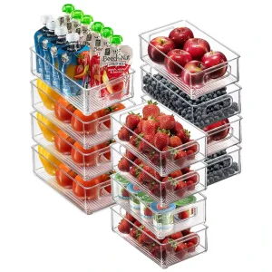 Set of 12 Stackable Plastic Freezer Organizer Bins for Fridge Refrigerator Clear Pantry Storage