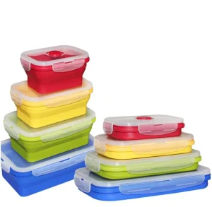 Set of 4 BPA Free Silicone Kitchen Gadget Collapsible Folding Lunch Bento Box with Lids for Food Storage Container