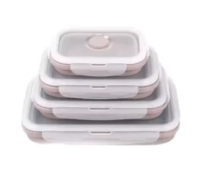 Set of 4 Personalized Square Rectangle Silicone Folding School Lunch Box Collapsible and Microwavable Storage Container