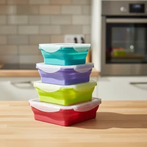 Silicone Collapsible Bento 4 Piece Heatable 3 Tier Folding Leakproof Food Storage Container Portable Outdoor Picnic Lunch Box