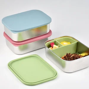 Silicone Flat Lid School Food Container Kids Reusable Leakproof 3 Compartments Stainless Steel Bento Lunch Box