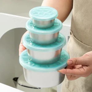 Silicone Lid Portable 304 Stainless Steel Food Storage Container Round Bento Box Stackable Lunch Box Set