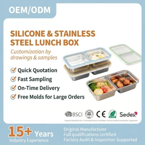 Silicone Reusable Portable Leakproof 304 Stainless Steel Kids Lunch Bento Box Silicone Lid Food Storage Container
