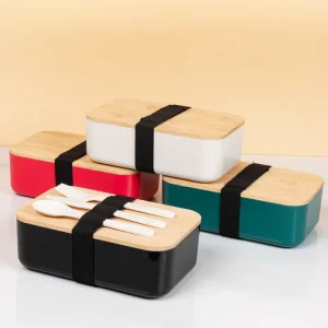 Single Layer Wooden Lid Plastic Lunch Box Cutlery Set Microwave Safe Bento Box for Office Workers 1 2L Capacity Modern