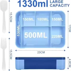 Sky Blue 1330ml Bento Lunch Box Set with Plastic Lid Microwave Safe Leakproof Food Storage Container Cutlery Sauce Container