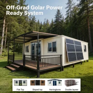 Sloped Roof Wood Grain Luxury Prefab Cabin Wide Terrace and Stairs Self Sustaining Container House for Glamping Resorts