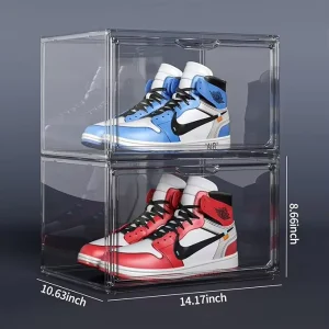 Sneaker Stackable Shoe Box Fit up to US Size 14 Clear Acrylic Shoe Box Magnetic Door Shoe Display Side Open Storage Organizers