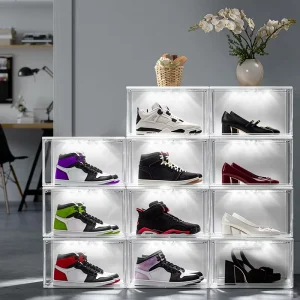 Sound Control Led Shoes Organizer Side Front Opening Shoes Container Foldable Magnetic Shoe Box Rack with Light