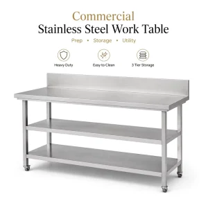 Splash Guard Stainless Steel Storage Prep Table with Three-Tier Shelves for Commercial Pantry
