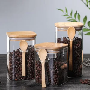 Square Food Grade Borosilicate Glass Multifunctional Storage Jar with Airtight Bamboo Lid and Wooden Spoon for Food Storage