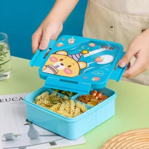 Square Plastic Cute Cartoon 3 Compartments School Lunch Box with Spoon and Chocksticks