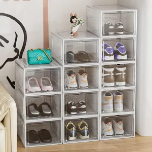 Stackable Clear Plastic Shoe Storage Boxes Drop Front Organizer Magnetic Door Display for Living Room Tools Bags
