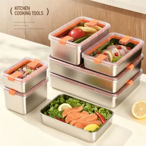 Stackable Food Organizer 304 Deli Meat Container Airtight Stainless Steel Bacon Cheese Storage Container with Transparent Lids