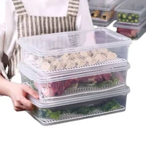 Stackable Fridge Storage Containers with Drain Tray Lid Plastic Refrigerator Organizer Bins for Meat Vegetables Fish