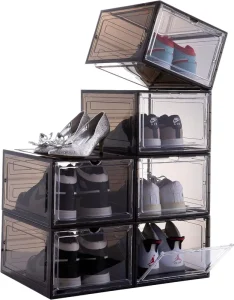 Stackable Plastic Box Clear Door Storage Box Display Sneakers Fit up to US Size 13 Black Drop Front Shoe Box