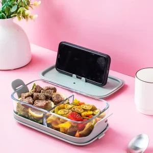 Stackable Reusable Borosilicate Glass Silicone Bento Box Organizer 2 Divided Heatable Lunch Container for Storage Clear