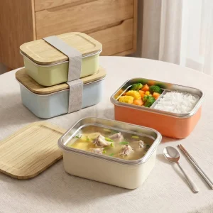 Stainless Steel Lunch Boxes for Children Snack Containers Metal Thermos Bento Box with Bamboo Lid Steel Box for Microwave Safe