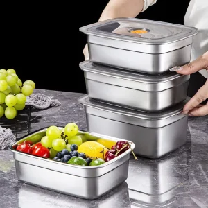 Stainless Steel Modern Rectangle Vacuum Sealed Portable Refrigerated Fresh Storage Container Multiple Sizes (1200ml 5500ml)