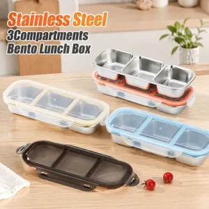 Stainless Steel Snack Container 3 Compartment Metal Bento Lunch Box Leak Proof Stackable Meal Food Container Food Storage Box