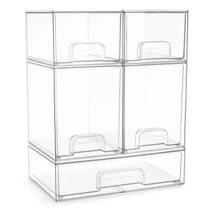 Storage Containers 5 Pack Stackable Clear Bins Set for Cosmetic Use in Bathroom (7.6” Tall 12.1” Wide)