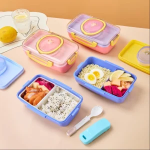 Students’ Portable Plastic Lunch Box with Spoon Rectangle Shape Food Container Carton Packed