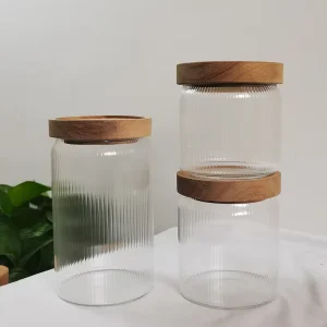 Stylish Set of Glass Food Storage Jars Ribbed Kitchen Organization 350ml Canister Spice Coffee Sugar Containers with Wood Lids