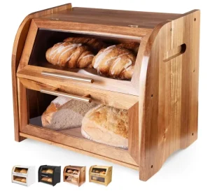 The Two layered Bread Storage Box Made of Acacia Wood with Glass Window Covers for Food Storage in the Kitchen