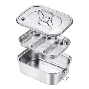 Thickened 304 Stainless Steel Leak Proof 2 Compartment 1 3L Portable Double Layer Rectangle Bento Box for Students