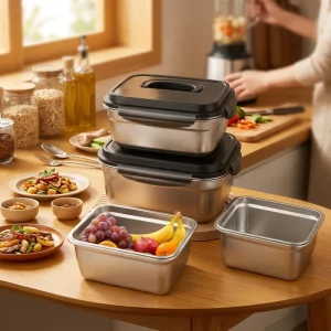 Thickened Stainless Steel Bento Food Container with Plastic Lid for Lunch and Fruit Storage