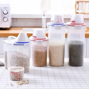 Transparent Kitchen Airtight Food Storage Container with Handle & Measuring Cup for Grains, Rice and Oats