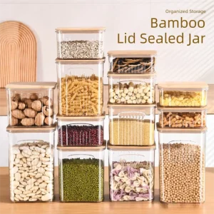 Transparent PET Canister Large Stackable Plastic Boxes Dry Cereal Food Container Airtight Storage Jar With Bamboo Lid