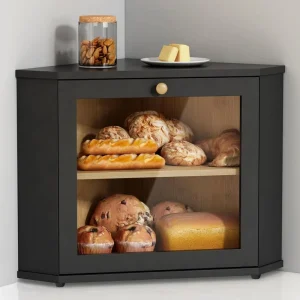 Two Layer Black Bamboo Breadbox Cabinet Flip Top Lid Multifunction Large Corner Kitchen Countertop Bread Storage Container