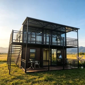 Two-Story Modular Prefab Container House with Wrap-Around Balcony & Glass Walls Flat Roof Duplex Steel Frame Home