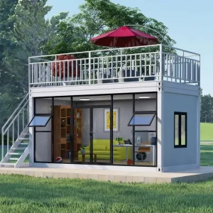 Two Story Tiny Villa 20Ft Prefab Foldable Container House Wood Grain Glass Rooftop Terrace Insulated Steel Custom OEM ODM