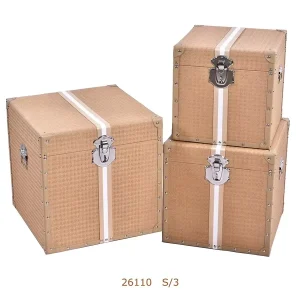 Vintage Industrial PU Faux Leather Square Storage Box Set Trunk Box with Metal Lock 35L Capacity for Wardrobe Clothing Tools