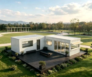 White Corrugated Flat-Pack Container House with Large Black Wooden Terrace for Home, Office, Warehouse, or Living Room Use
