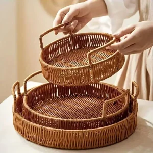 Woven Storage Basket Imitation Rattan Storage Basket for Desktop Use Pastry Tray and Afternoon Tea Organizer