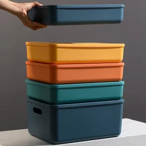 XJH Modern Design PP Plastic Storage Bins Rectangle Injection Molded Desktop Storage Boxes Lid Factory Stackable Cubby