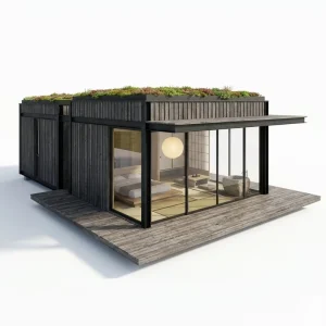 Zen Wabi Sabi Modern Prefab Flat Pack Container House 35sqm Green Roof Garden Yakisugi Cedar+Glass Modular Mobile Home Villa